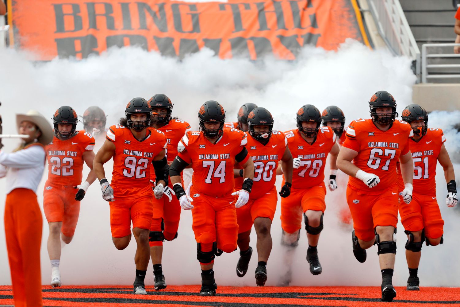 Sep 16, 2023; Stillwater, Oklahoma, USA; Oklahoma State takes the field before an NCAA football game between Oklahoma State and South Alabama at Boone Pickens Stadium. South Alabama won 33-7. Mandatory Credit: Bryan Terry-USA TODAY Sports
